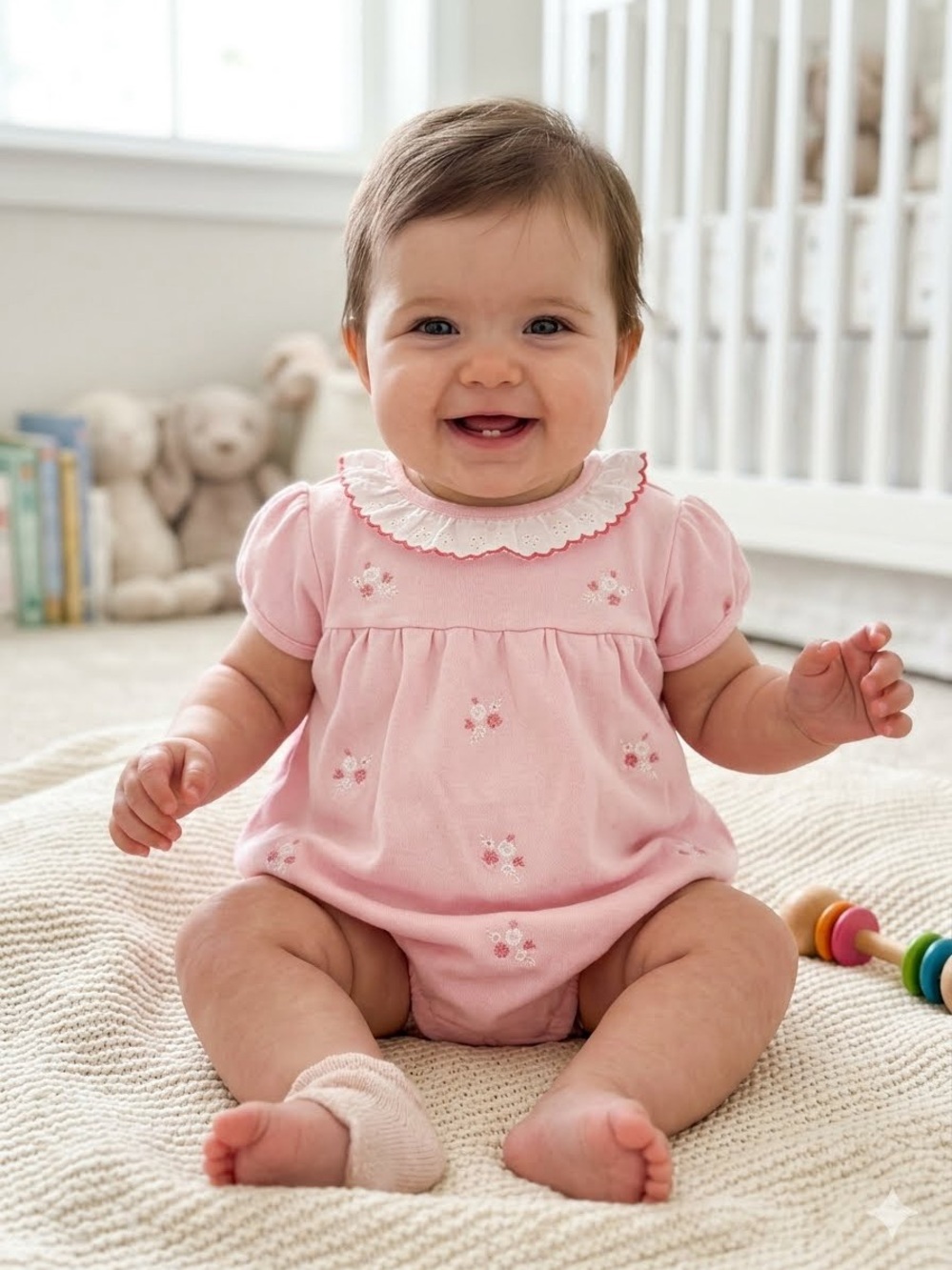 Little Nutmeg, Pink Floral Embroidered Baby Romper 6-9 months